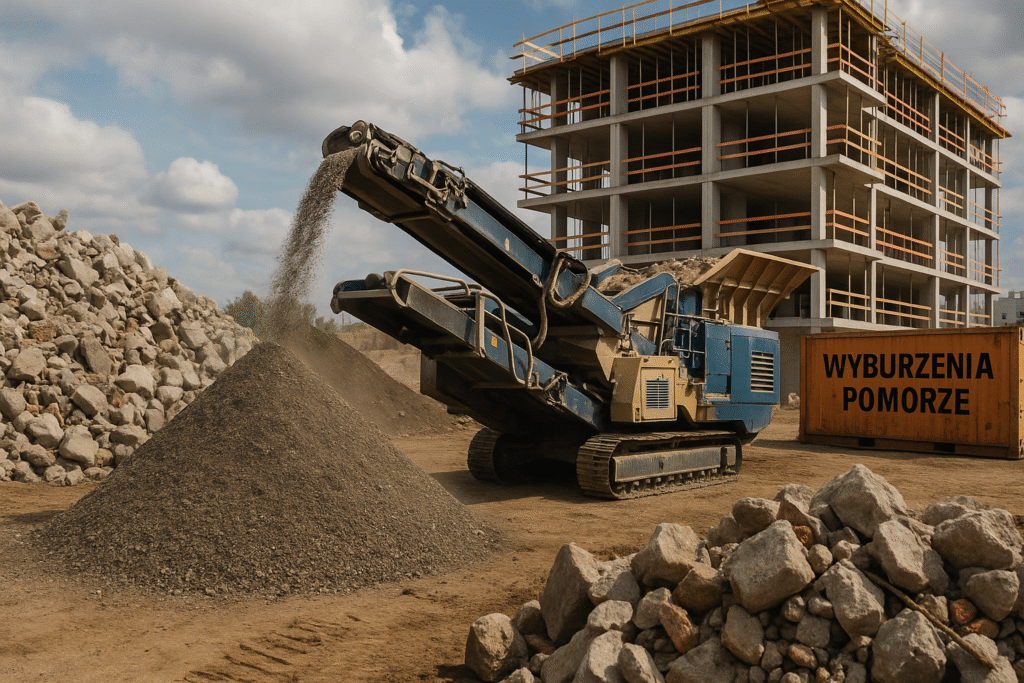 Mobilna kruszarka przetwarzająca gruz na kruszywo na placu budowy w Trójmieście