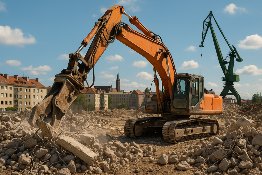 Koparka tnąca beton podczas rozbiórki budynku w Trójmieście